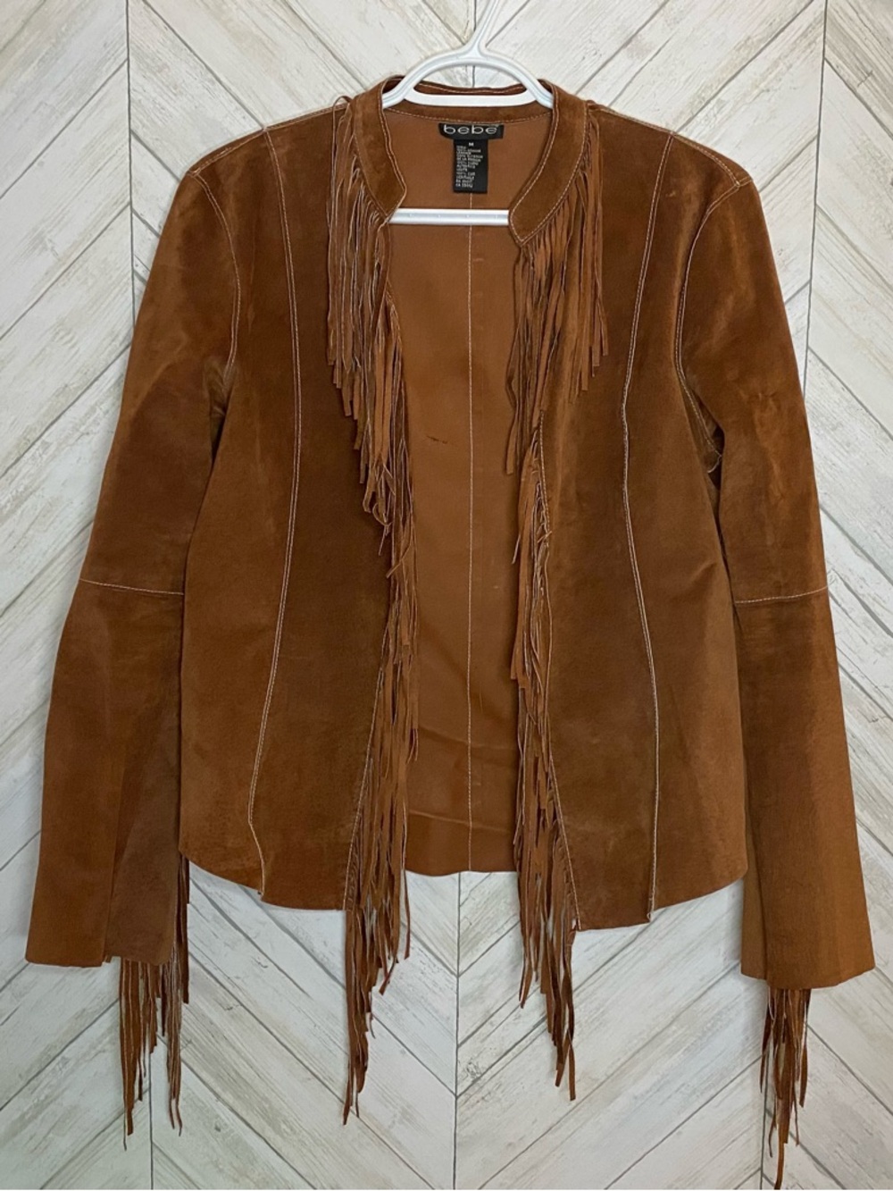 bebe Brown Suede Fringe Open Front Jacket